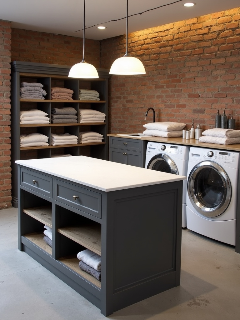 Industrial style laundry bathroom with a multi-functional dark grey island.