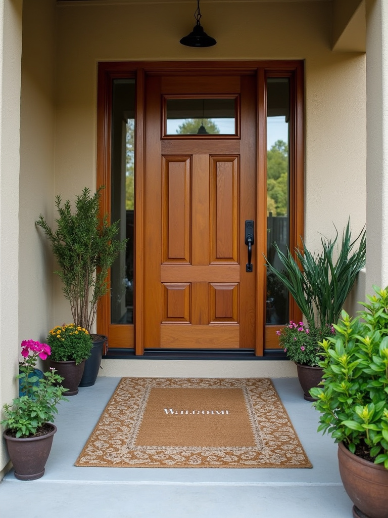 A stylish welcome mat in front of a wooden back door on a back porch, creating an inviting entryway.