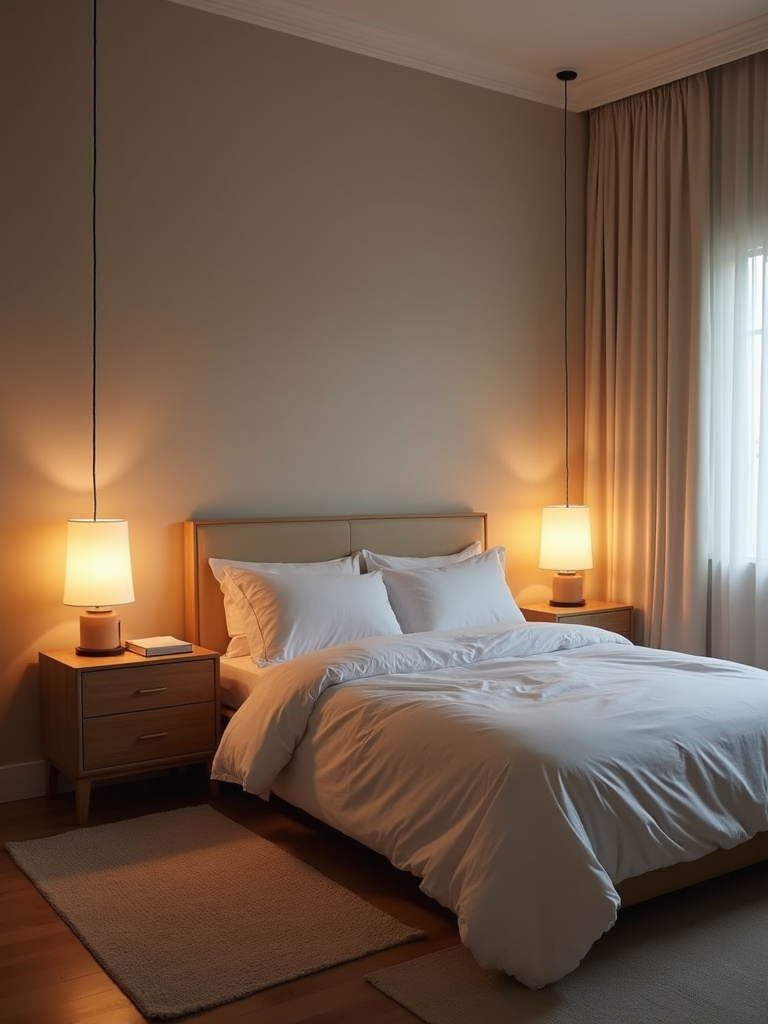 A minimalist bedroom designed as a tech-free zone for relaxation, featuring soft warm lighting, books on nightstands, calming colors, and a peaceful atmosphere focused on rest and disconnection.