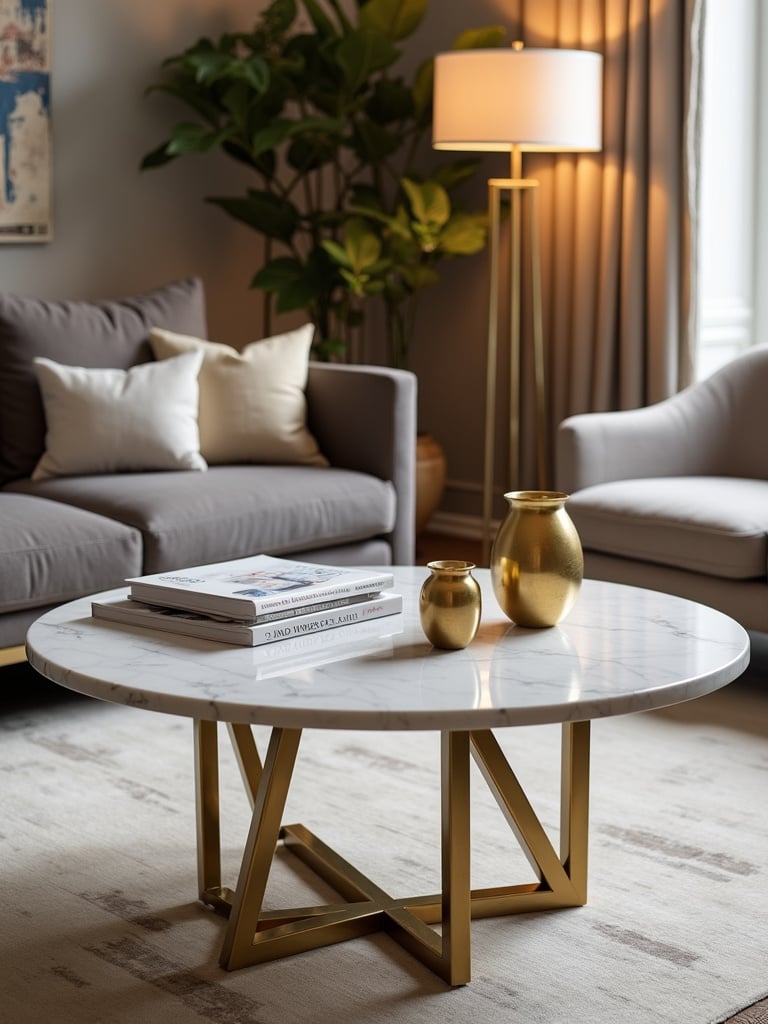 Round white marble and brass coffee table styled with books and a candle in a luxury living room.
