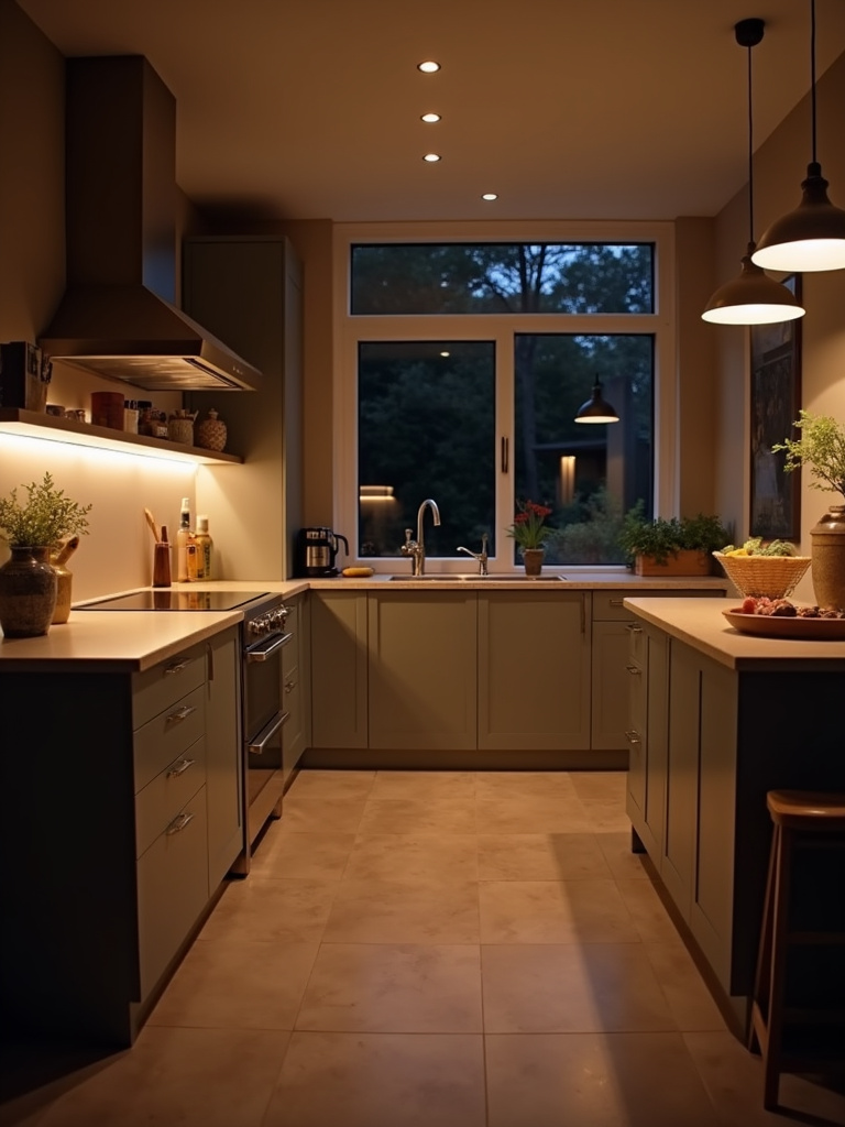 Dimmable recessed and pendant lights creating a warm, cozy ambiance in a kitchen at dusk.