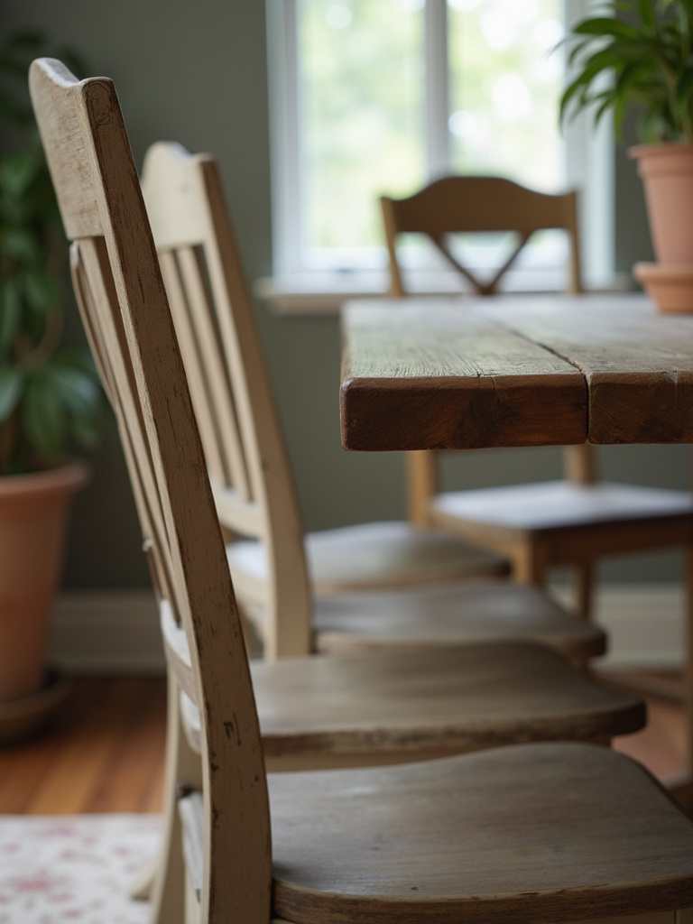 Close-up of distressed wood finish on a farmhouse dining chair.