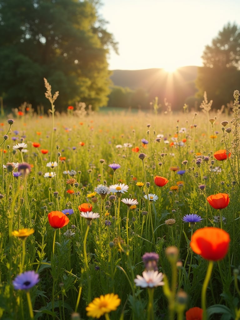 A vibrant wildflower meadow lawn in full bloom with various colorful wildflowers such as poppies, cornflowers, and daisies.