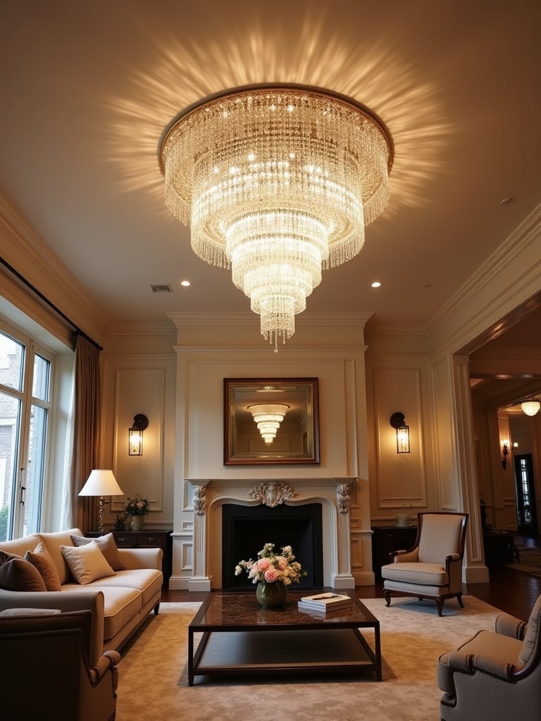 Large cascading crystal chandelier in a luxury living room with high ceilings.