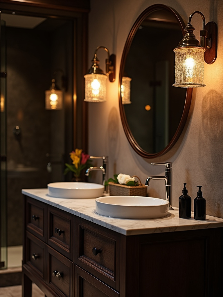 Luxurious bathroom vanity with elegant gold pendant lights hanging above each sink, creating a dramatic and sophisticated lighting statement.