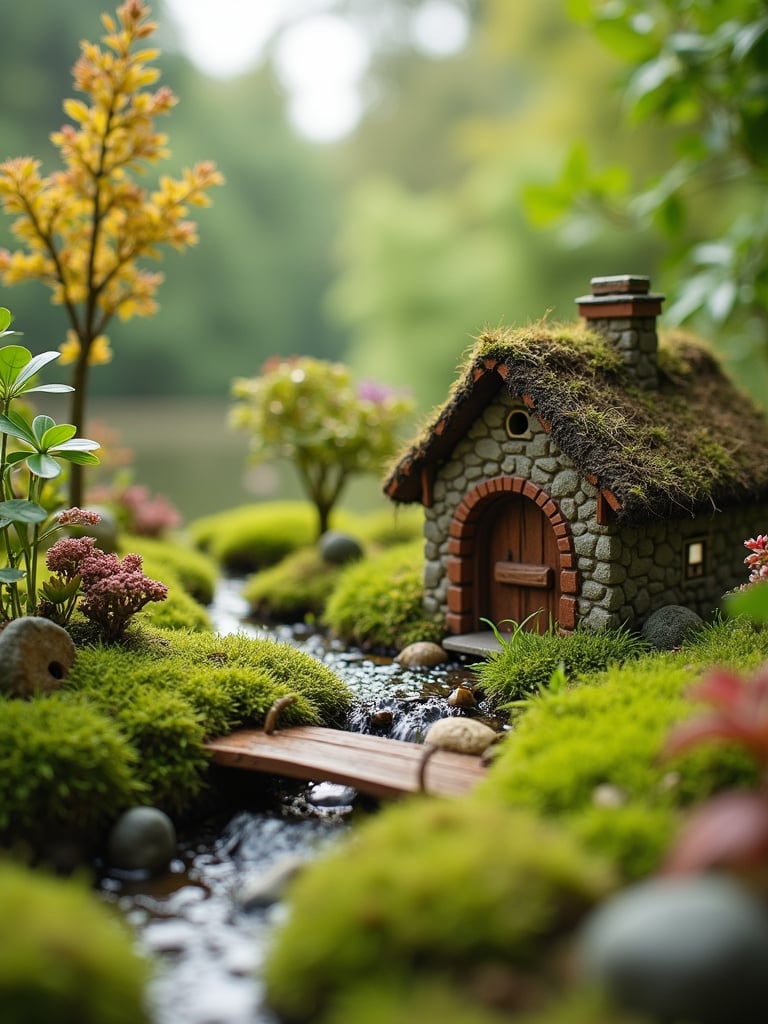 A whimsical miniature garden lawn world with tiny plants, moss, figurines, and accessories creating an enchanting scene.