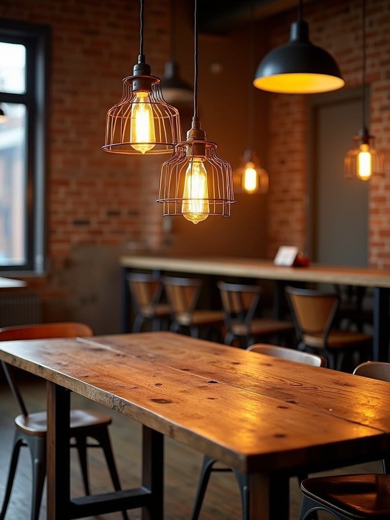 Industrial metal cage pendant lights illuminating a dining room with exposed brick walls.