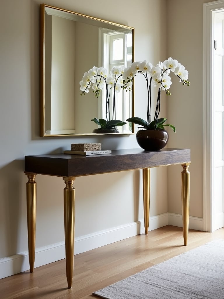 Dark wood and brass console table with a gold framed mirror and orchids in a luxury living room entryway.