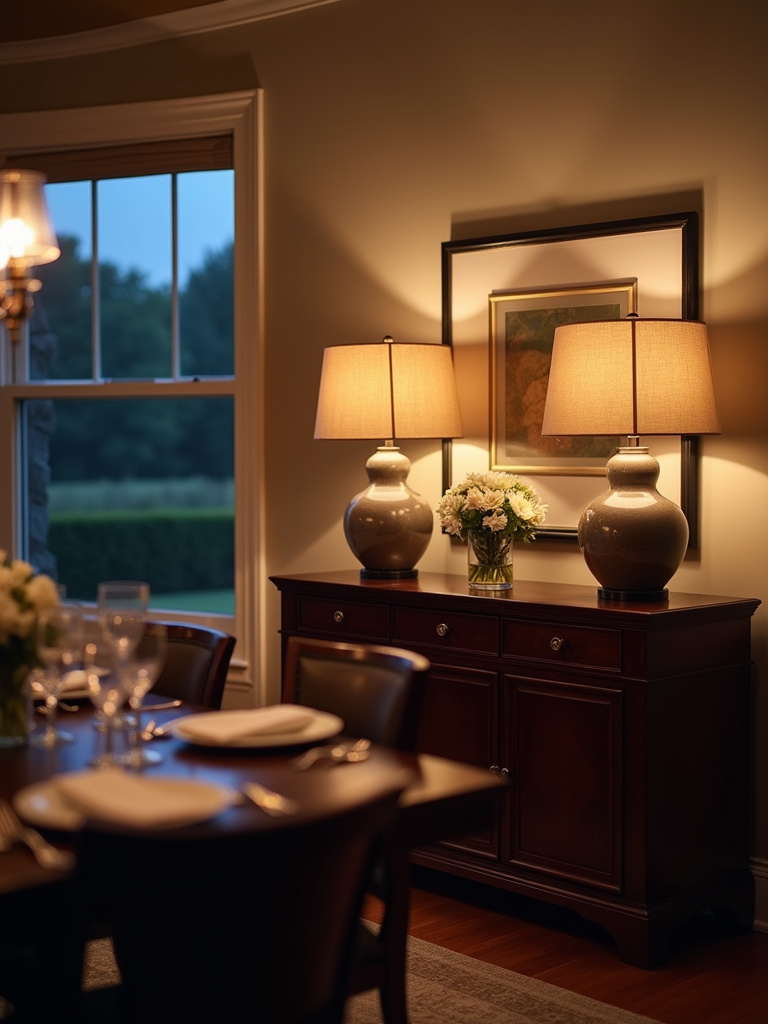 “Elegant ceramic table lamps with linen shades on a sideboard in a dimly lit dining room.”