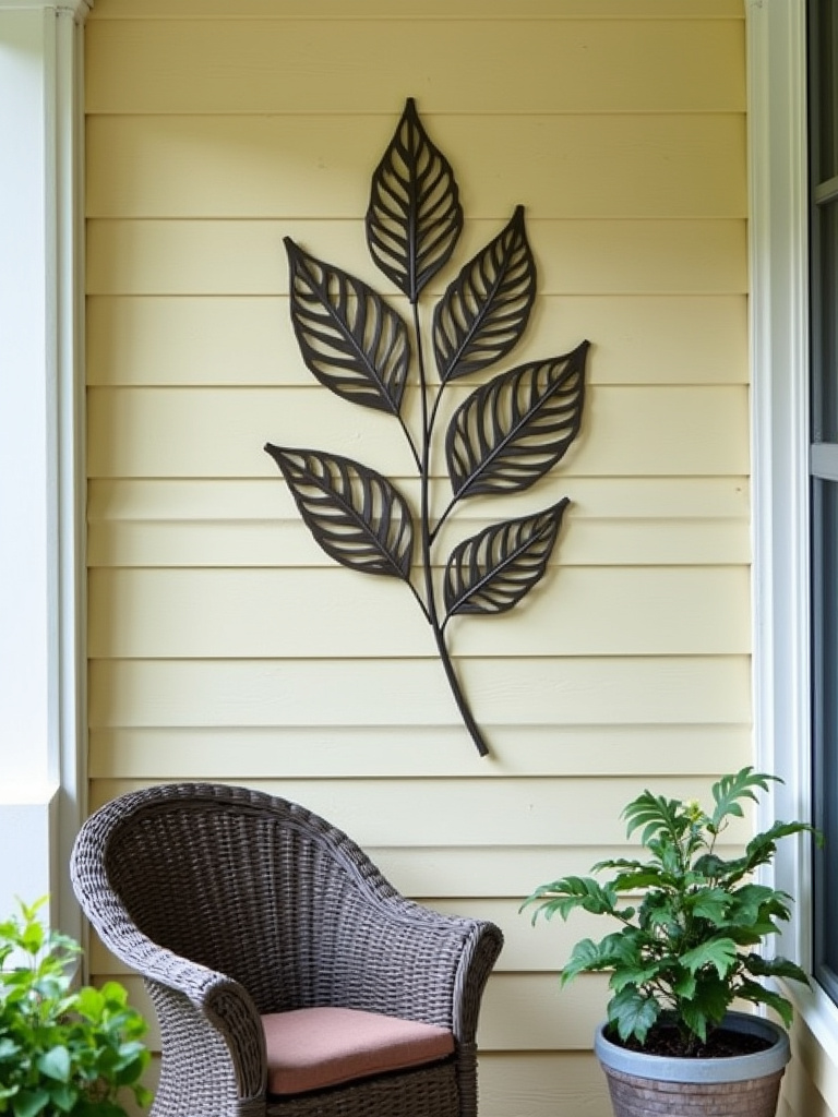 A piece of metal botanical-themed outdoor wall art elevates the ambiance of a back porch wall.