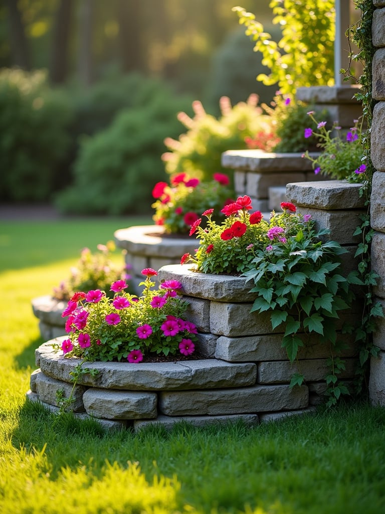 A tiered planter lawn feature built from stacked stone with cascading flowers and trailing plants on a gentle slope within a lawn.