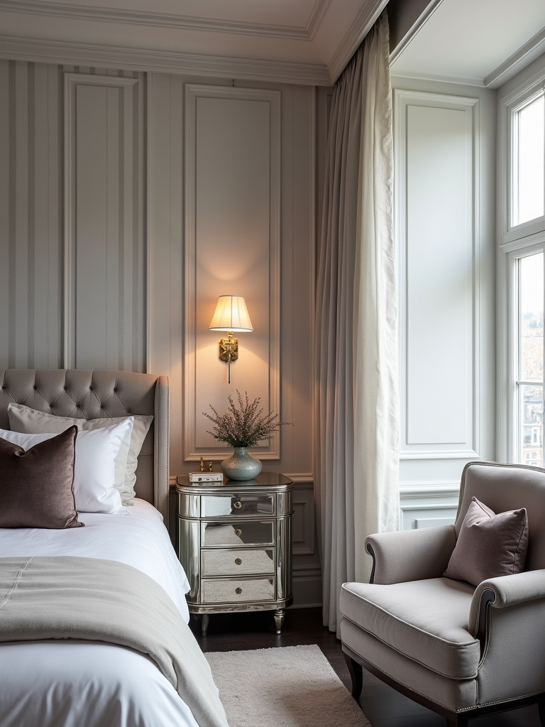 Elegant bedroom with light gray wallpaper featuring silver metallic stripes, mirrored bedside table, and soft ambient lighting.