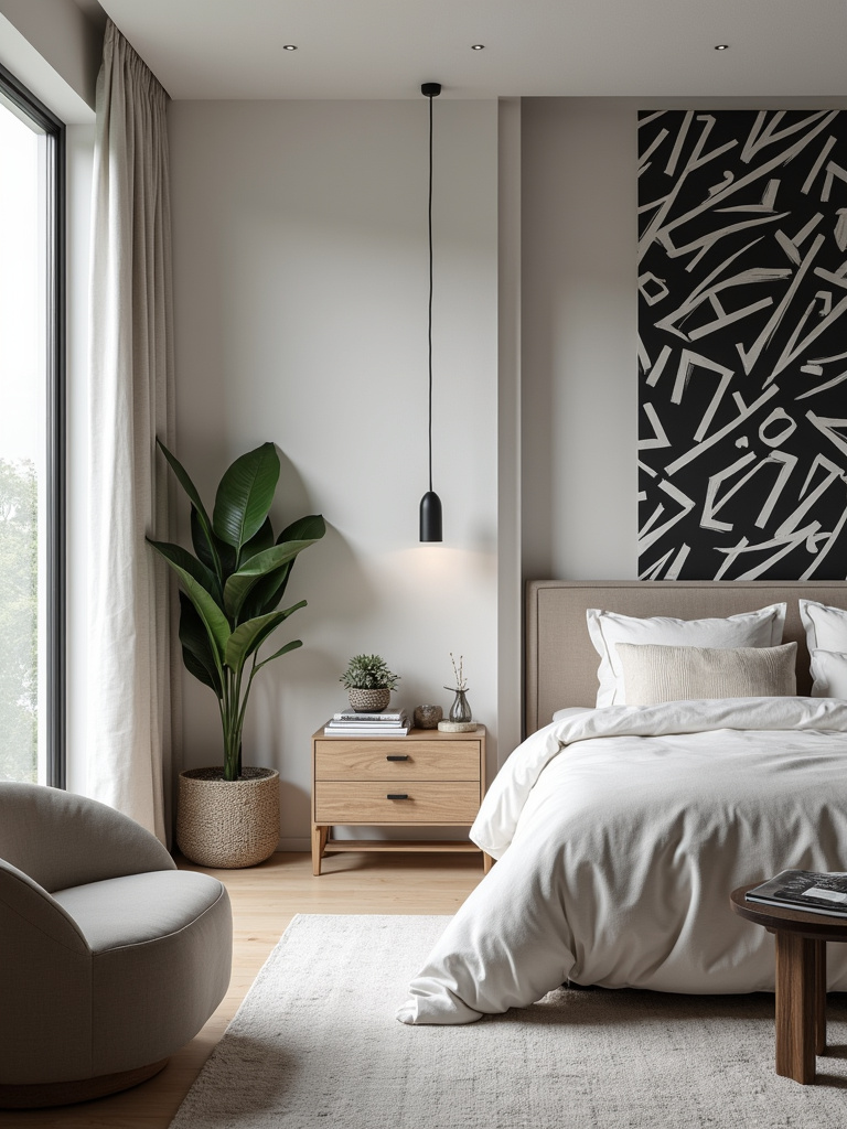 Modern bedroom with a bold black and white geometric wallpaper accent wall, minimalist furniture, and natural light.