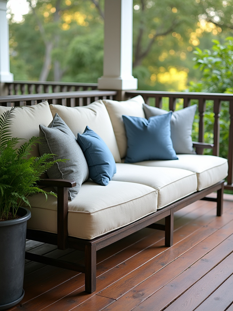 A plush cream-colored outdoor sofa with throw pillows on a wooden back porch, bathed in soft afternoon sunlight.