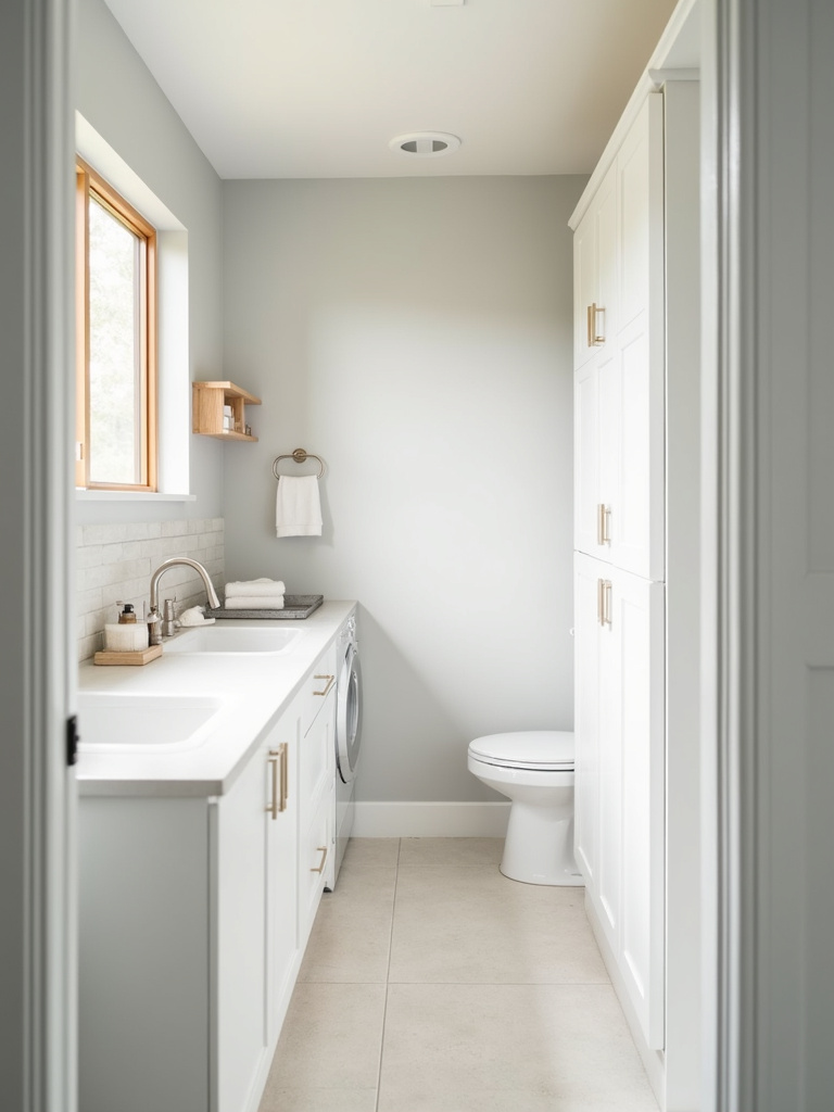 Bright and airy minimalist laundry bathroom in light grey and white color palette.