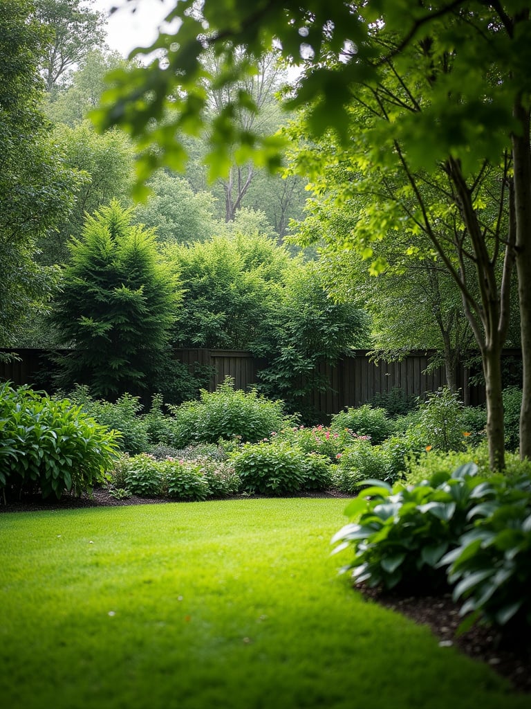 A shade loving lawn garden with lush green plants like hostas, ferns, and impatiens in a shady area of a lawn.