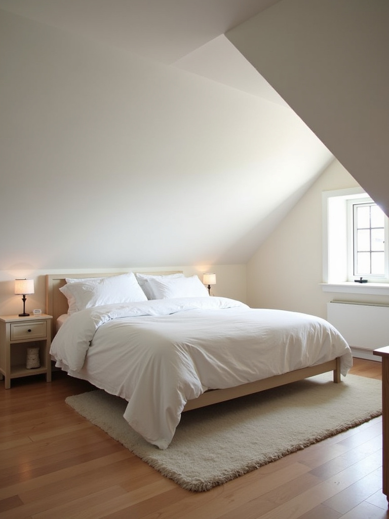 Attic bedroom featuring sloped ceilings with a bed strategically placed against the lower wall to optimize space and create a balanced layout.