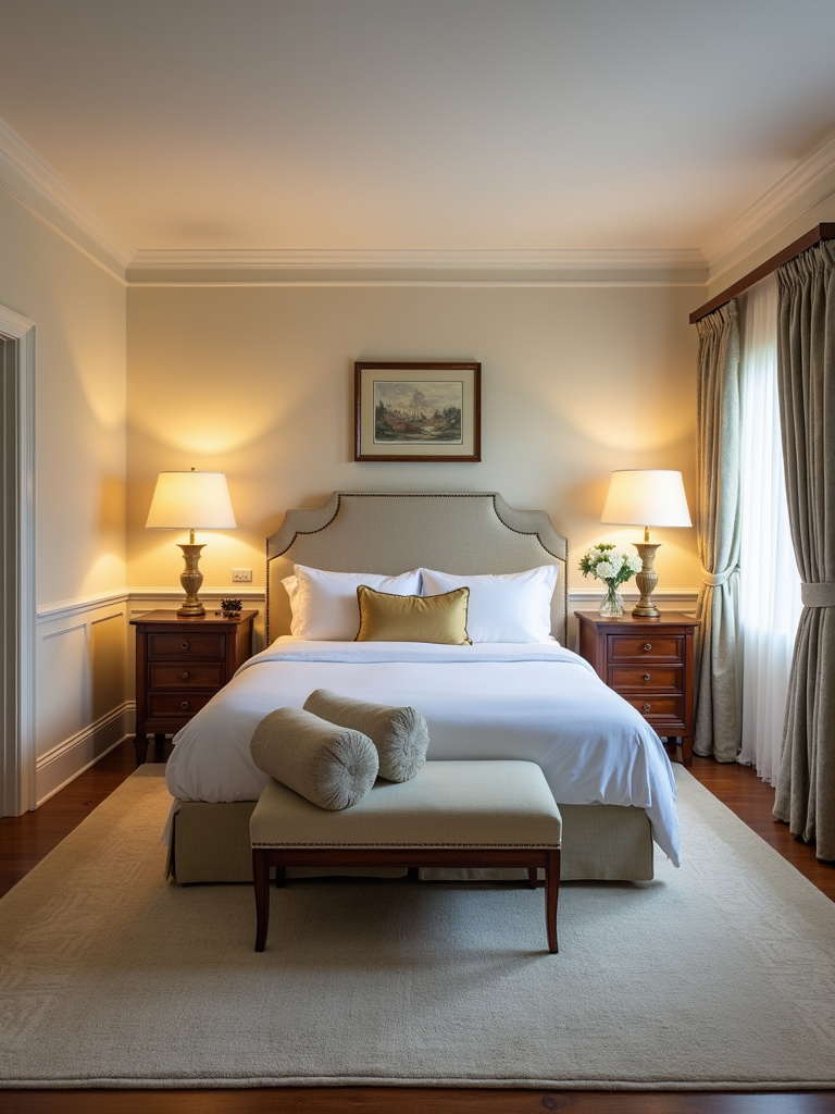 A traditionally styled bedroom showcasing symmetrical design principles with matching nightstands, lamps, and a centered bed, all contributing to a balanced and harmonious space under soft diffused lighting.