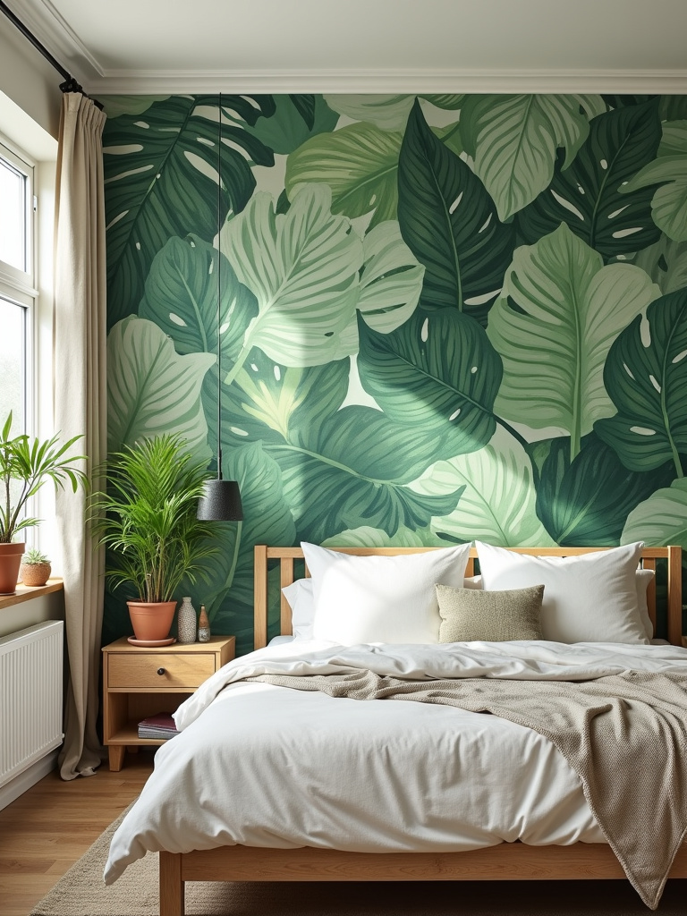 Bedroom with large-scale botanical wallpaper, natural wood furniture, and bright natural light.