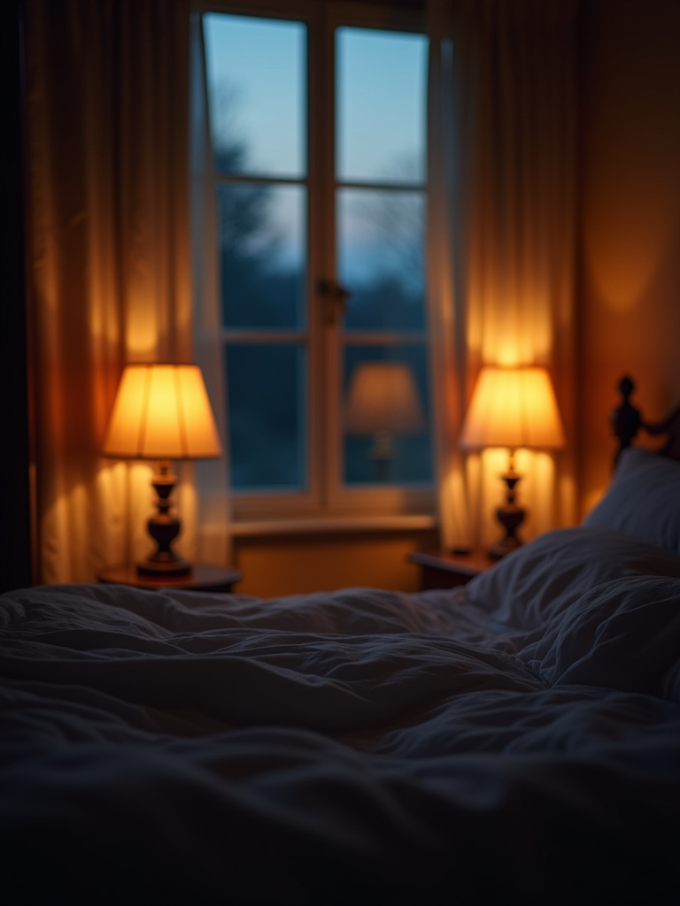 A cozy bedroom at twilight featuring warm bedside lamps casting a soft glow on nightstands.