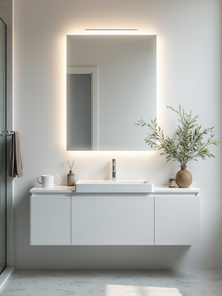 Modern bathroom vanity illuminated by an energy-efficient LED linear light bar, showcasing stylish and sustainable lighting solutions.