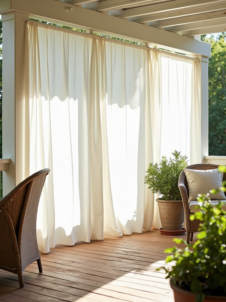Flowing white sheer outdoor curtains enhance privacy and create a soft ambiance on a back porch seating area.