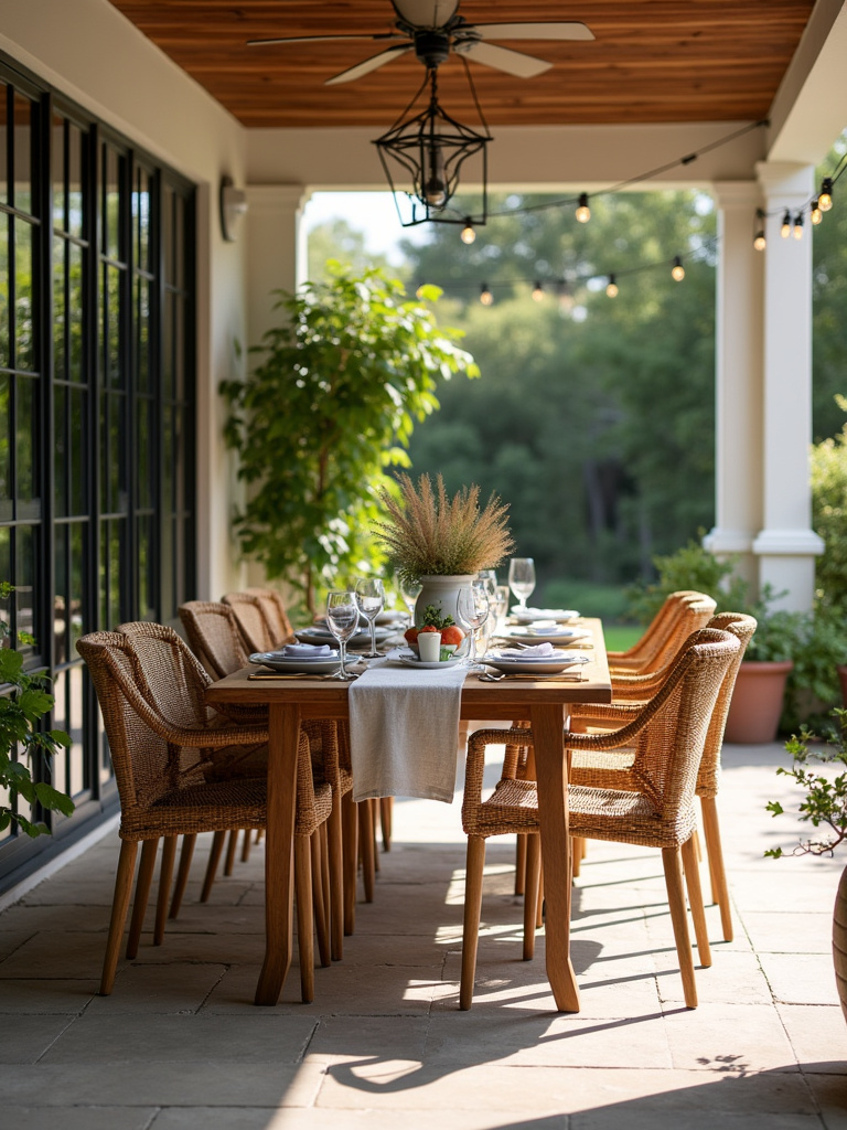 A chic outdoor dining set creates a perfect alfresco dining space on a back porch.