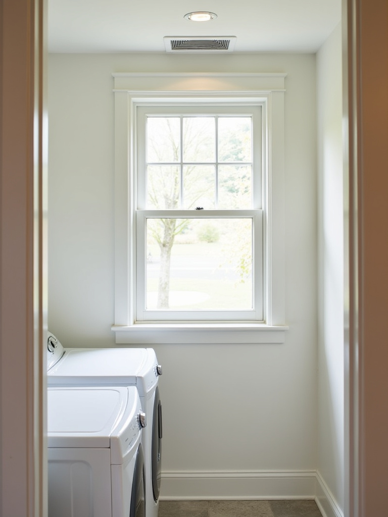 Minimalist laundry bathroom with open window and ceiling exhaust fan for ventilation.