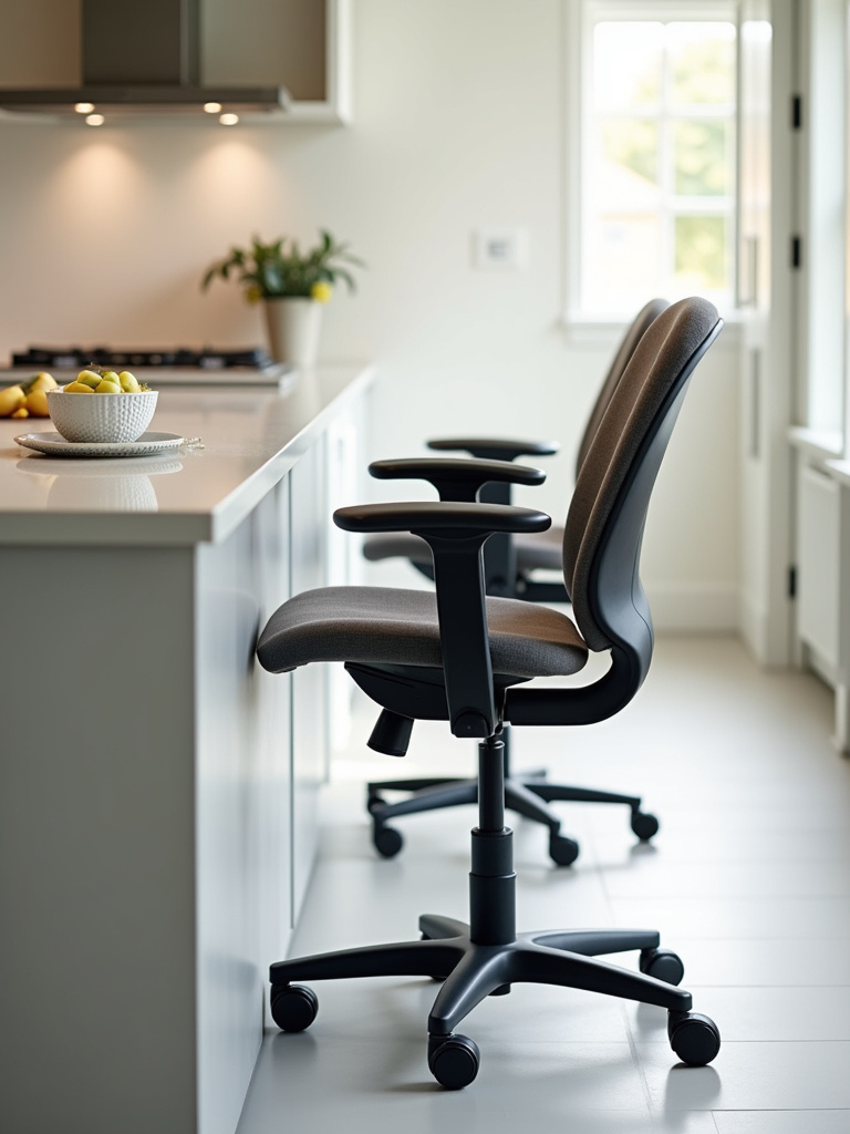Comfortable and ergonomic kitchen chairs with curved backs and footrests at a modern kitchen island.
