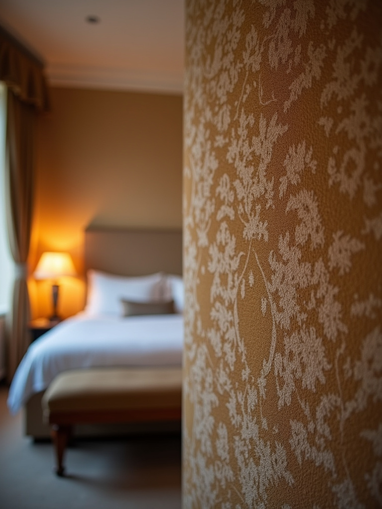 Close-up view of rich velvet wallpaper texture in a luxurious bedroom setting.