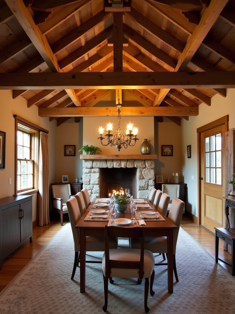 Farmhouse dining room showcasing the architectural detail of exposed wood beams.