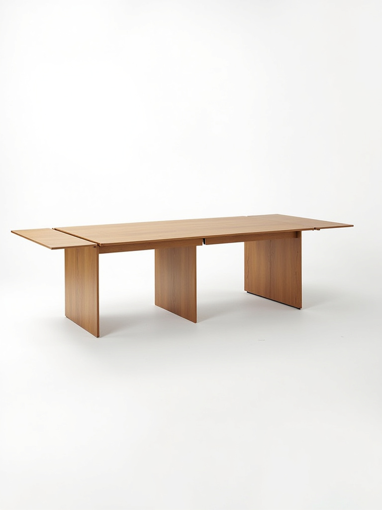 A contemporary light wood extendable dining table shown in both its compact and extended configurations in a studio setting.