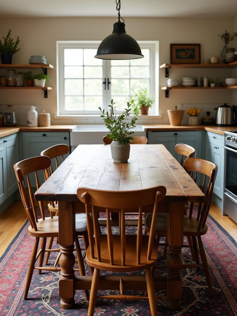 Rustic farmhouse kitchen table with mismatched wooden chairs in a warmly lit kitchen.