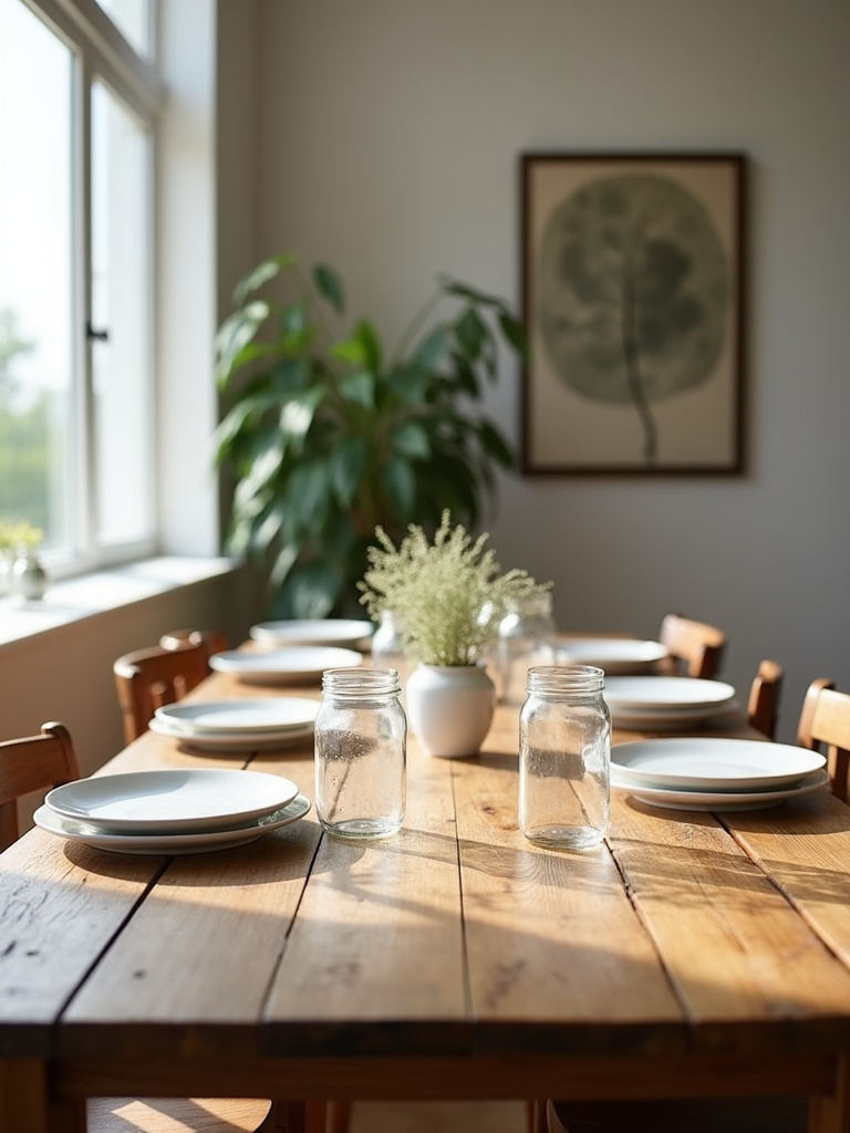 A brightly lit farmhouse style dining room featuring a reclaimed wood table set for a casual meal.