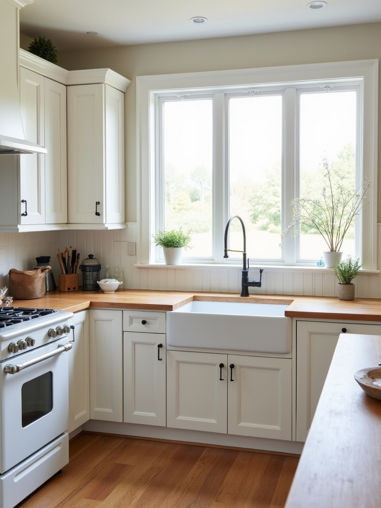 Traditional farmhouse kitchen with white shaker cabinets, beadboard detail, and butcher block countertops.