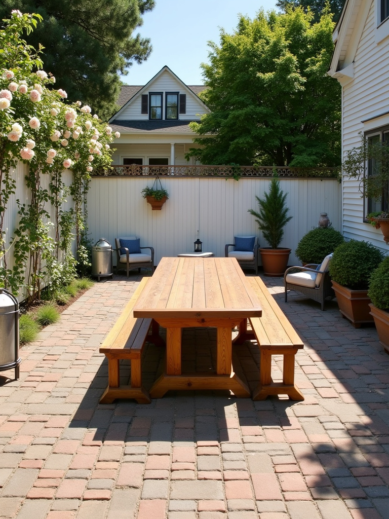Inviting farmhouse patio with a large wooden dining table, aged brick pavers, white fencing, and bright sunny daylight.