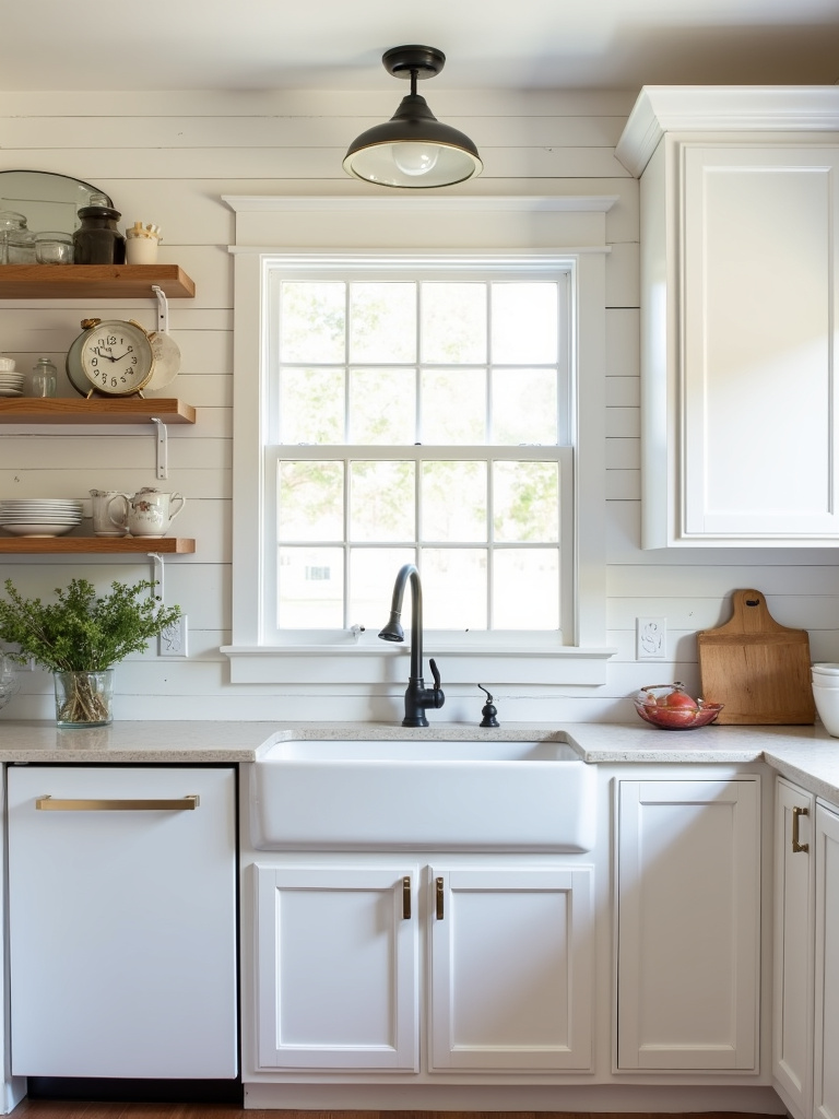 A charming white farmhouse kitchen with shaker cabinets, shiplap walls, an apron-front sink, and open wooden shelving.