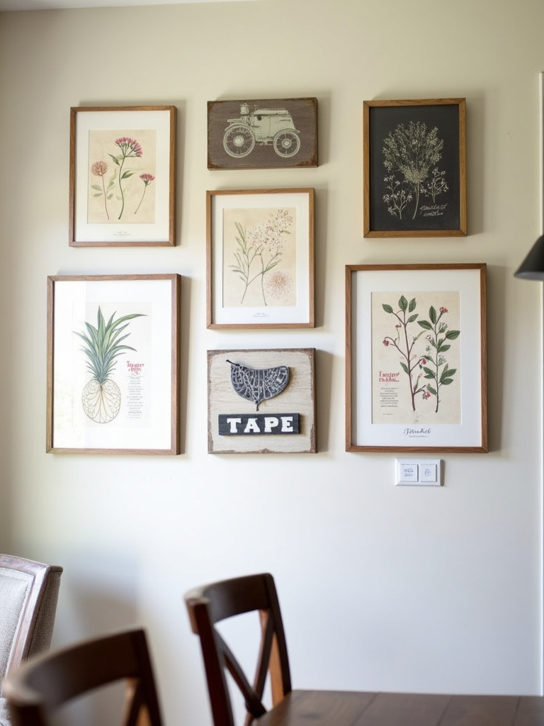Farmhouse dining room wall decorated with a gallery wall of rustic and charming prints.