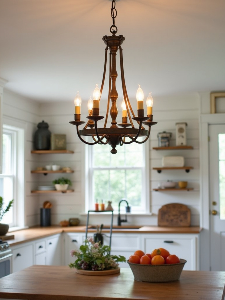 Wrought iron farmhouse chandelier with candle-style lights over a wooden kitchen island.