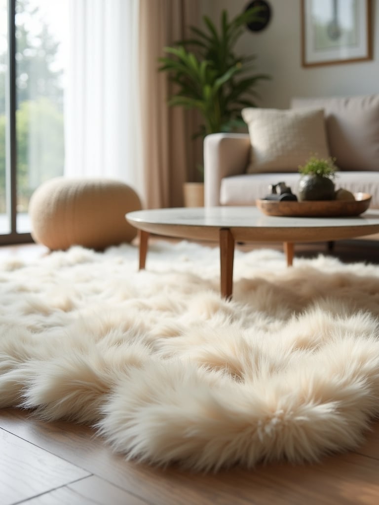 Cream-colored faux fur rug adding luxurious softness to a modern bohemian living room.