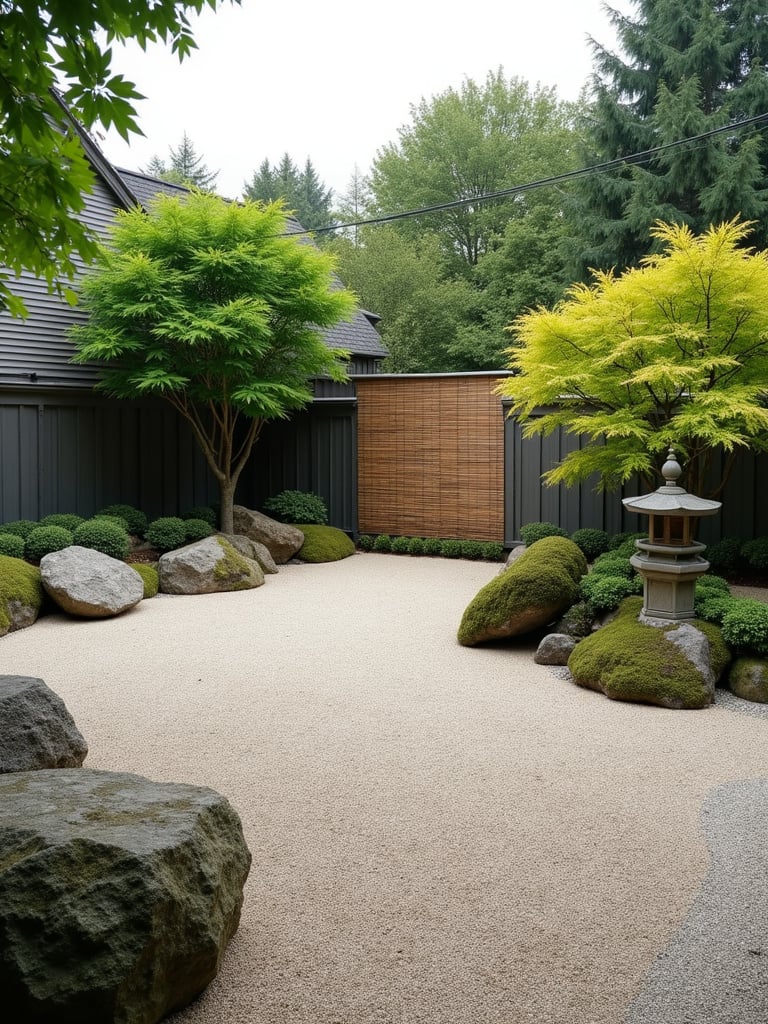 A Zen garden lawn space with raked gravel, carefully placed rocks, minimalist planting, and a stone lantern and bamboo screen.
