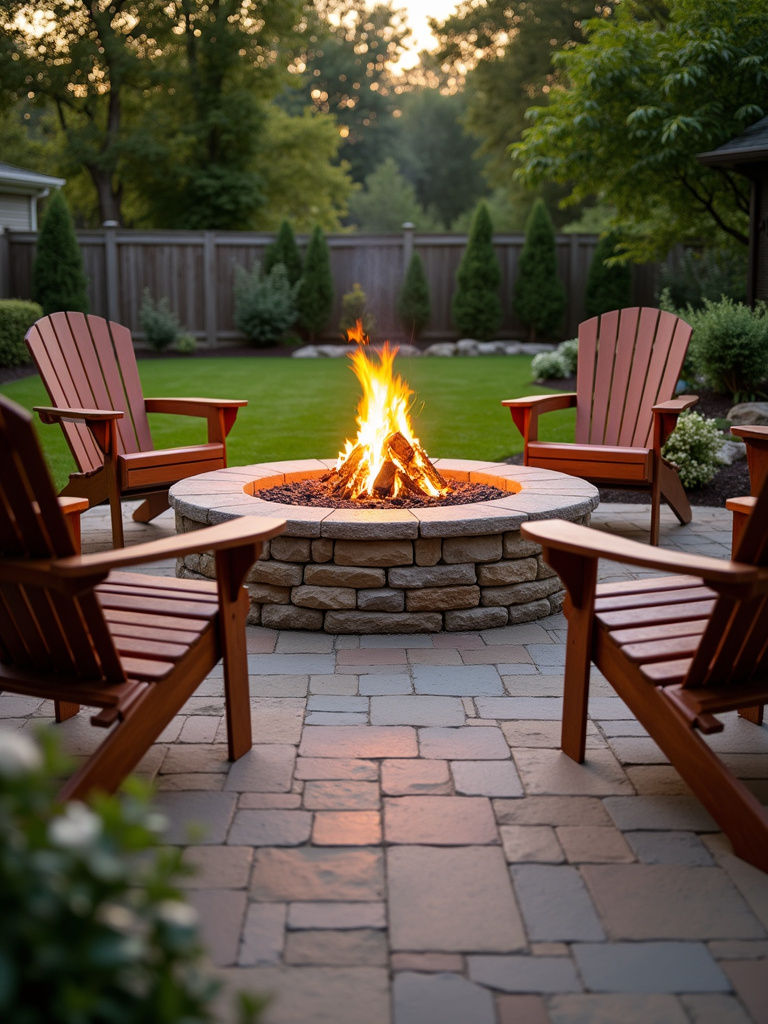 Patio centered around a stone fire pit with Adirondack chairs, warm evening light, and a crackling fire.