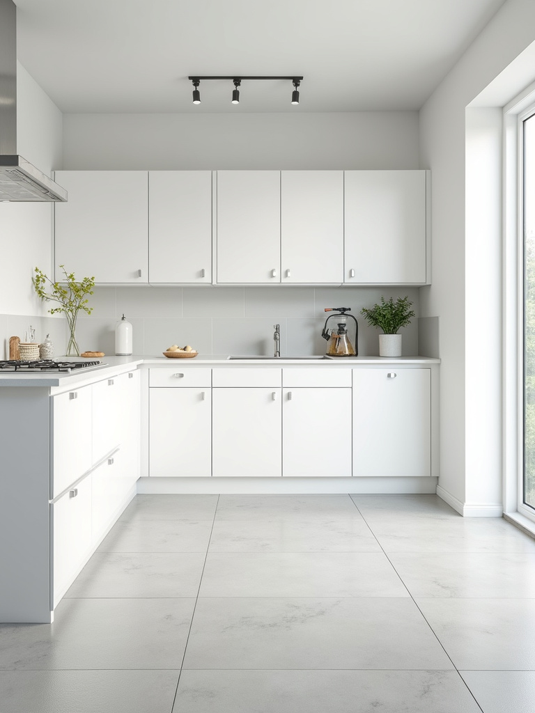 A bright white kitchen with white cabinets and light gray porcelain tile flooring creating a cohesive look.