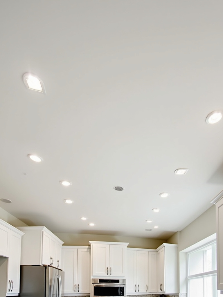 White, round flush mount lights providing ambient illumination in a kitchen with a low ceiling.