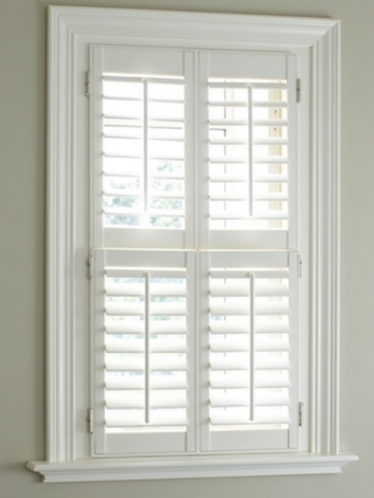 Classic bathroom window framed with elegant white plantation shutters, providing light control and privacy.