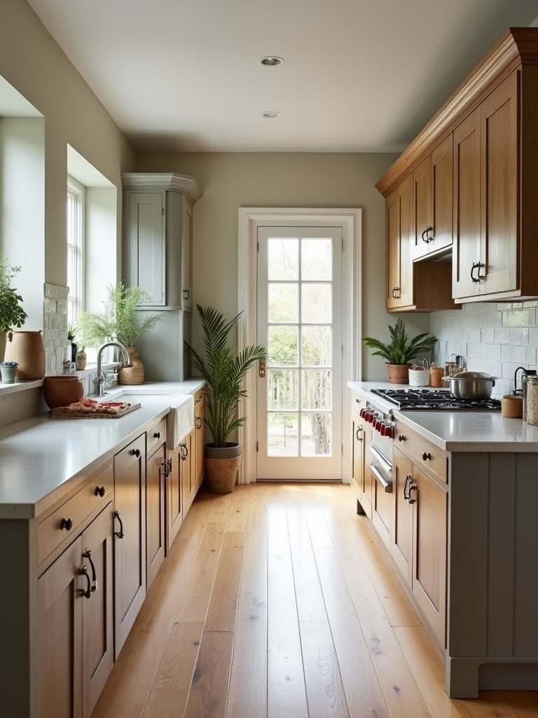 Unique kitchen with freestanding cabinets in mixed wood finishes, offering flexibility and a furniture-like aesthetic instead of built-in units.