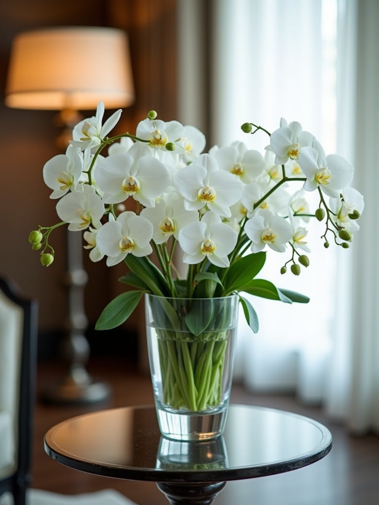 Fresh floral arrangement of white orchids in a crystal vase on a luxury living room side table.