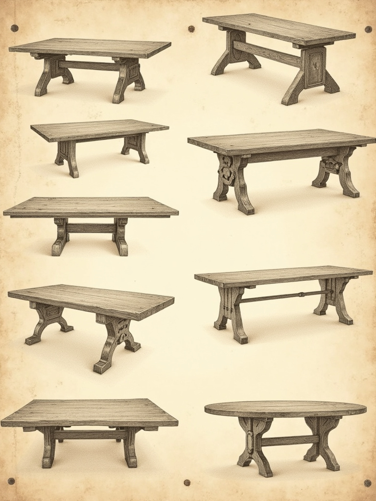 A historical illustration montage depicting the evolution of dining tables through different eras, from medieval times to modern designs.