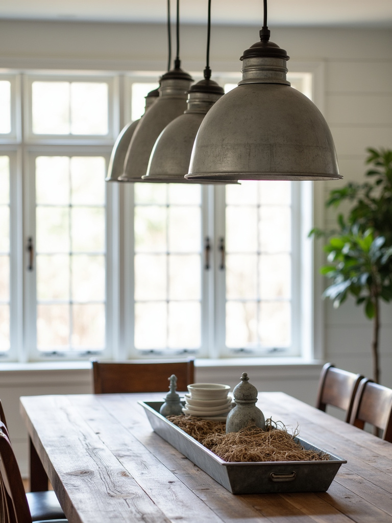 Farmhouse dining room incorporating galvanized metal accents for industrial farmhouse touches.