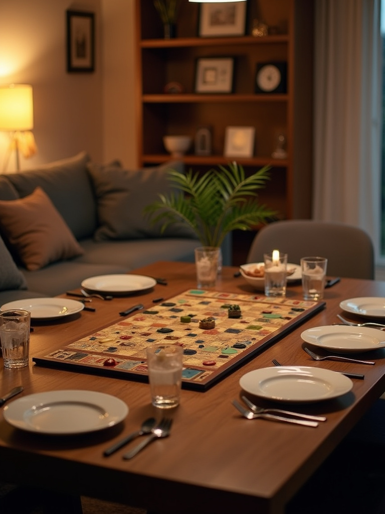 A cozy living room dining table scene set up for a board game night with games and snacks arranged on the table.